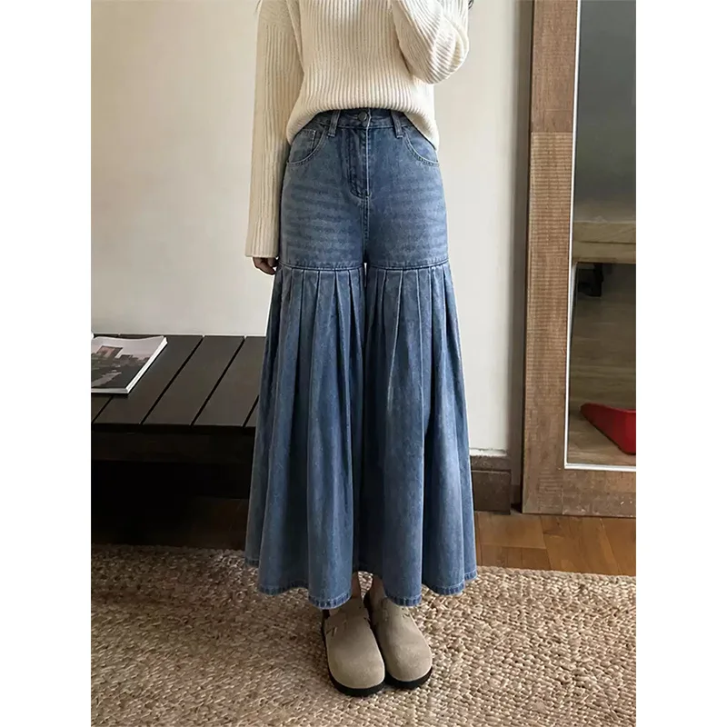 Harajuku Women Pleated Flare Denim Wide Leg Pants High Waist Vintage Washed Blue Ruffled Hem Loose Autumn Long Jeans Trousers