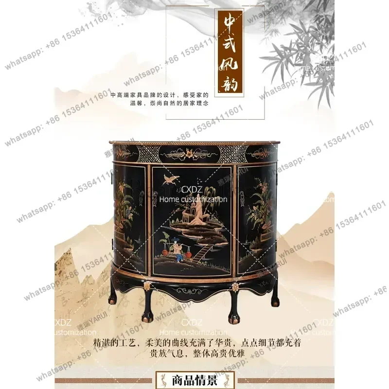 Painted Semi Round Side Cabinet Chinese Retro Style Solid Wood Landscape Art Decorative Storage Cabinet Wall Mounted