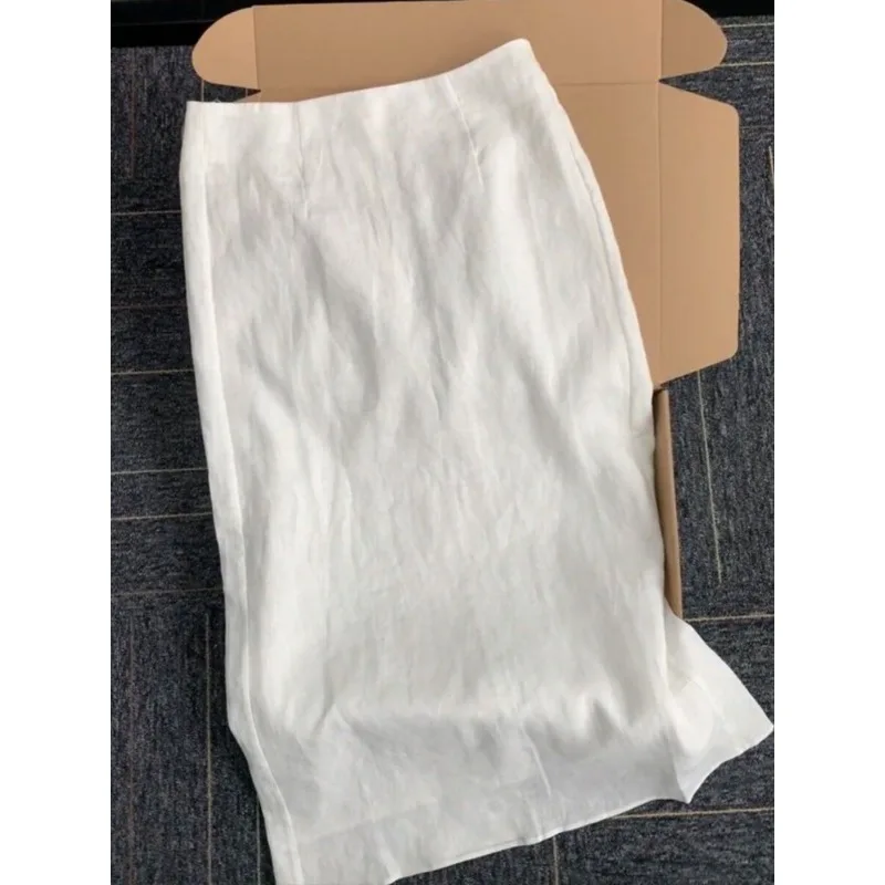 Women White Linen Midi Skirt High Waist Split A Line Slim Pencil Skirt With Liner Clearance Cut Label