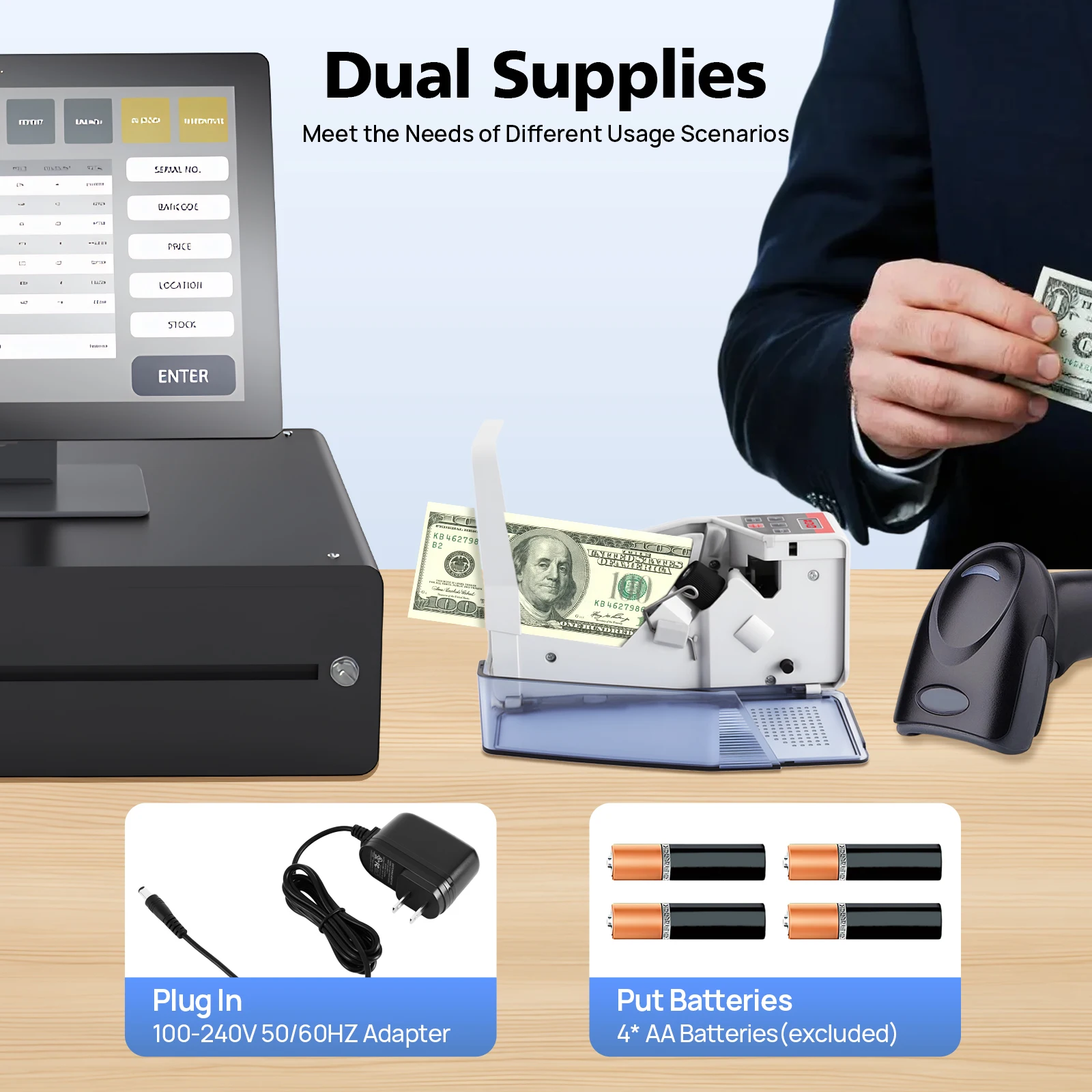 

High-Speed 600 Bills/Minute Money Counter - Durable Metal/Plastic Build, Auto Accumulate & Batch Count, Dual Power