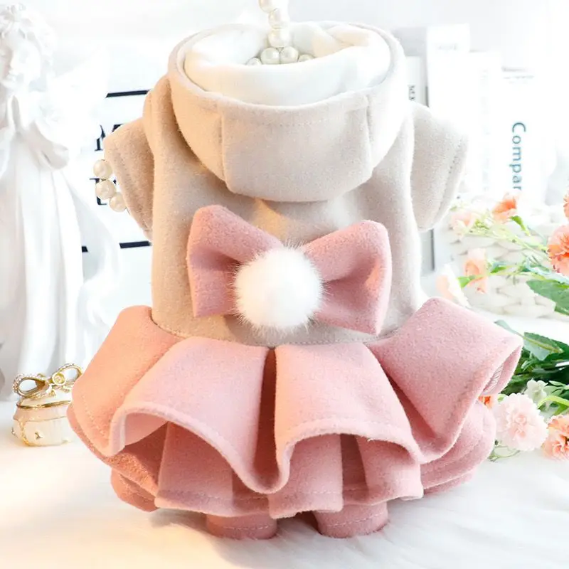 Dog Clothes Autumn/Winter Thick Cat Princess Skirt Cotton Coat Woolen Cake Skirt Small Dog Teddy Pet