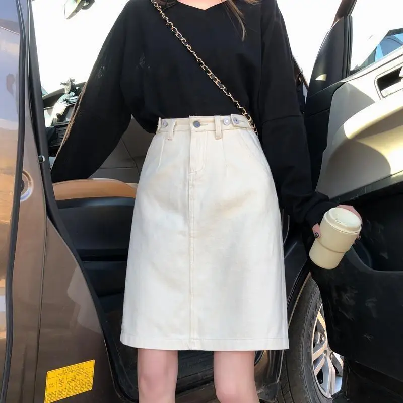 

Black Denim A-Line Skirt Women's Summer New High Waist Slimming Mid-Length Sweet Style Button Cotton Blend Skirt