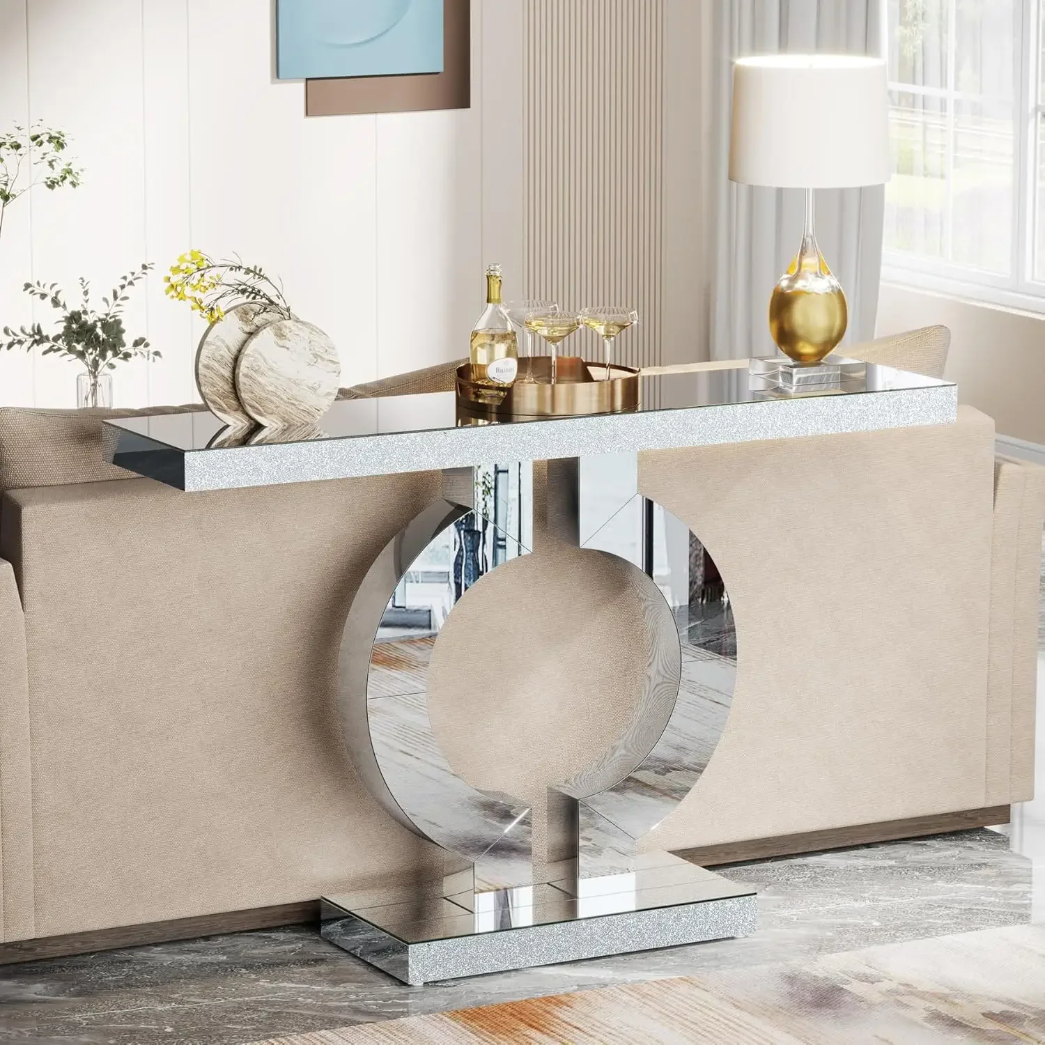 Tribesigns Modern Mirrored Console Table, Glass Sofa Table with Mirror Finish, 43-Inch Entryway Table with O-Shaped Base