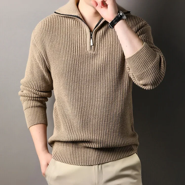 

Men Zipper Polo Collar Pullovers Knitted Tops Sweaters Full Sleeve Slim Fit Casual Regular Knit Splice Sweater Autumn Winter New