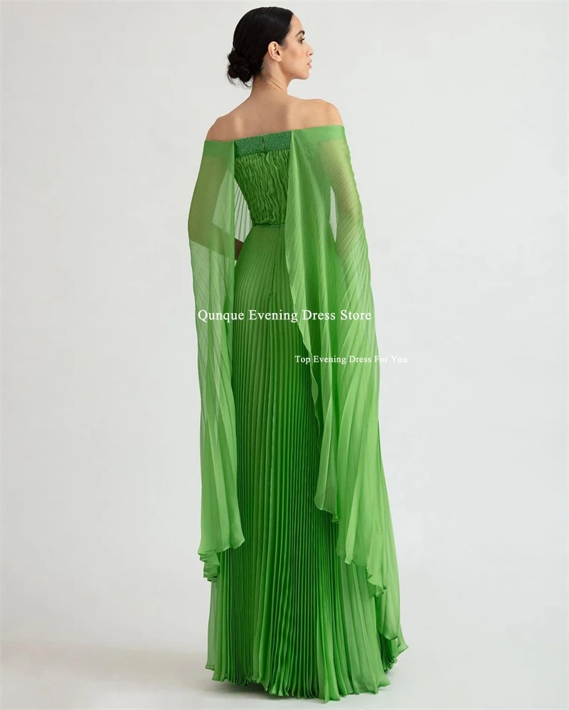 Qunque Strapless Sleeveless Chiffon V-neck Prom Dresses Sexy Back Zipper Long Green Pleat Party Gowns Customized Vestido De Gala