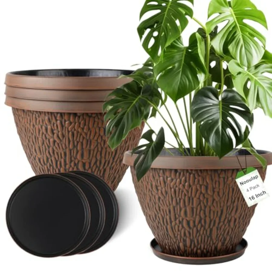 Outdoor garden application, thickened polypropylene plant pot, gray pebbles pattern, 16-inch large size with drainage holes and