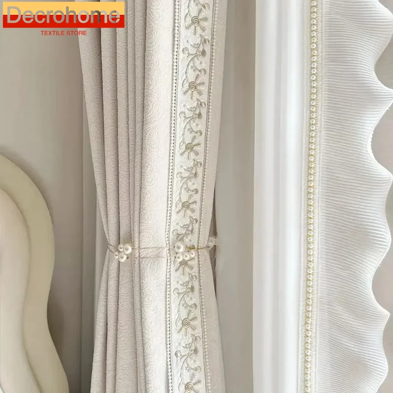 

French Curtains for Living Dining Room Bedroom Cream Cured Embossed Chenille Texture Thick Window White Tulle Sheer Curtain