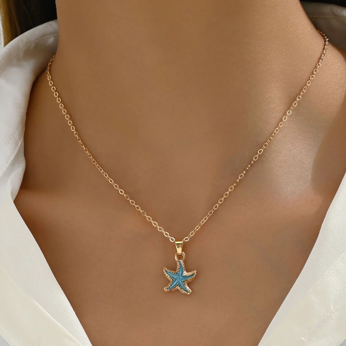 Boho mehrschichtige weiße Seilkette Halskette für Frauen Mode große Harz Seestern Stern Anhänger Halskette Strand Party Schmuck – Detail 9