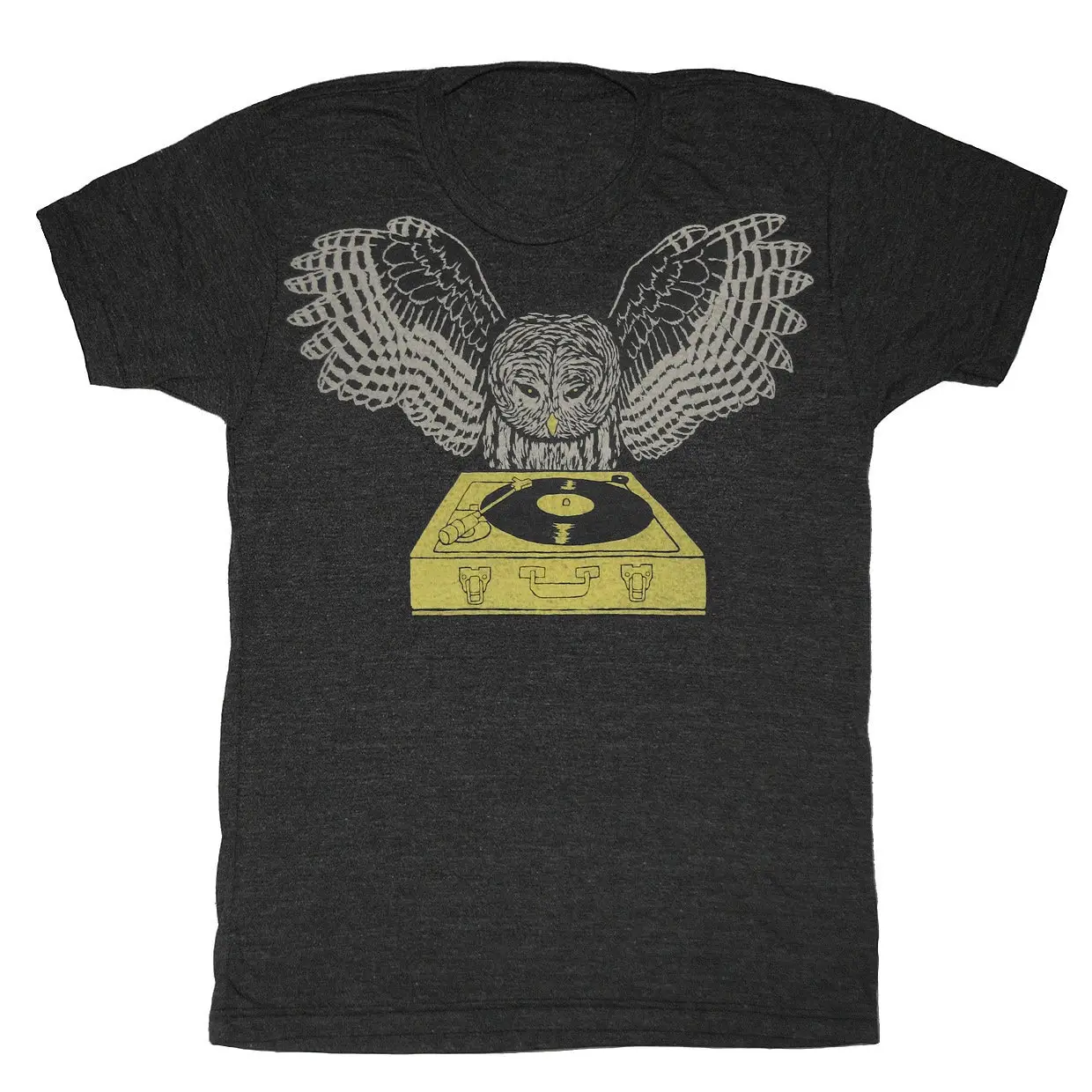 Dj Owl Mens T Shirt Record Bird Feathers Retro Spinning Chartreuse Turntable Awesome Music Tri Black Charcoal