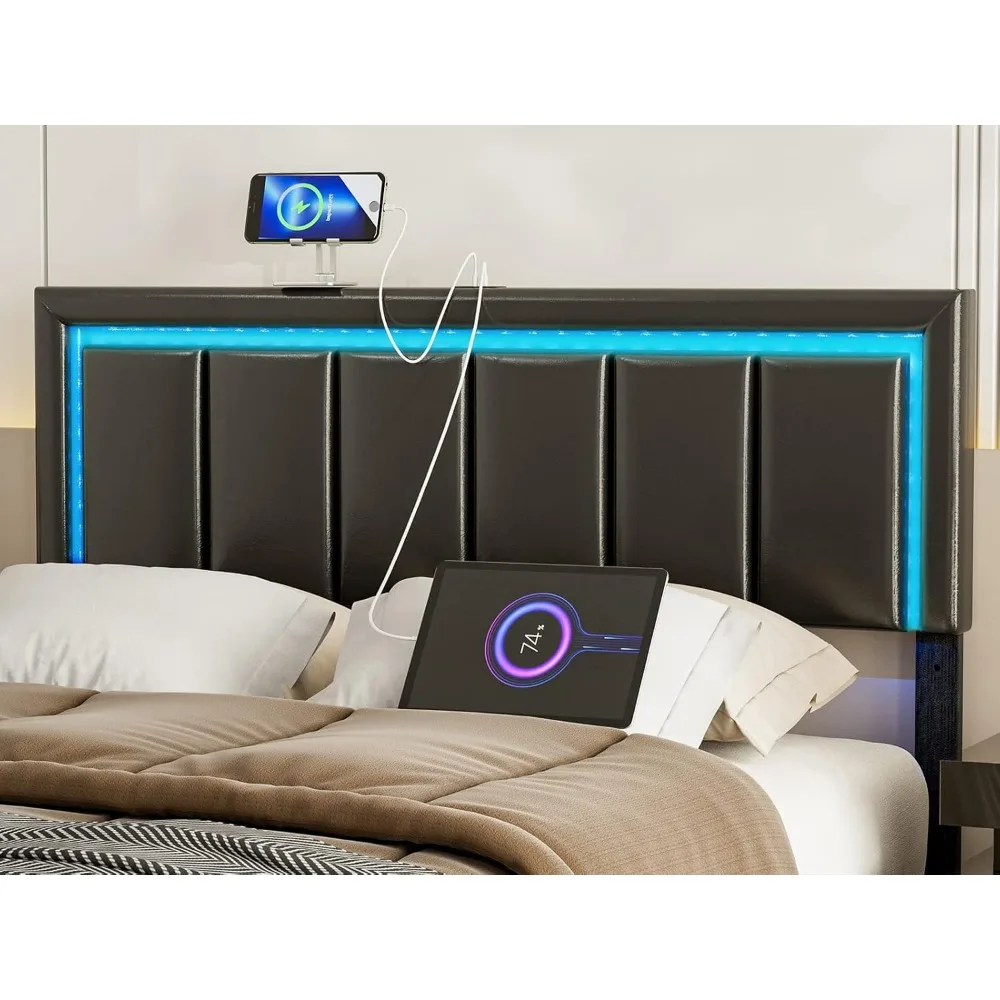 

Full Size LED Headboard with 2 USB Ports, Adjustable Height - Modern Upholstered Faux Leather Full Headboard Only with Ch