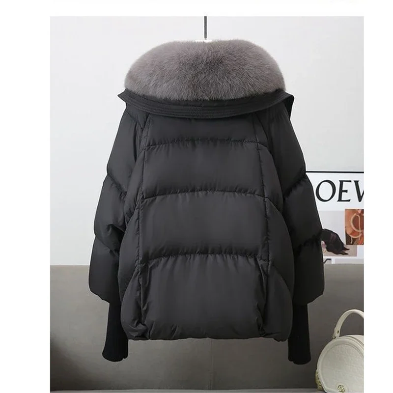 Winter New Fur Collar Puffer Down Parka Loose Down Warmer Thicken Snow Jacket Pocket Zipper Faux Fur Outerwear Female L32