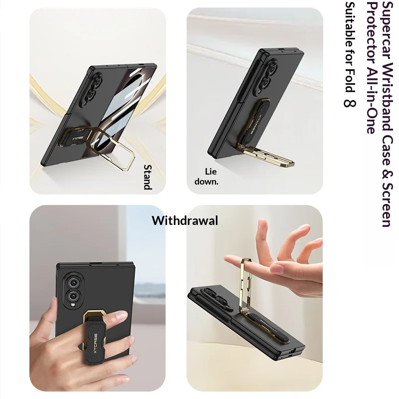 Funda con soporte plegable y correa para muñeca para Samsung Galaxy Z Fold 8 Fold8 Wide, PC con sensación de piel, incluye protector de pantalla 4