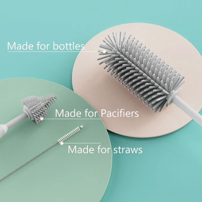 360 Degree Rotation 3 in 1 Silicone Baby Bottle Pacifier Brush Wash Water Cup Container Straw Cleaning Brush Set