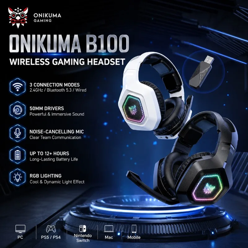 ONIKUMA B100 Wireless Gaming Headset 2.4GHz Bluetooth 5.3 50mm Driver Noise Cancelling Mic RGB PS5 PS4 PC Mac Switch Console