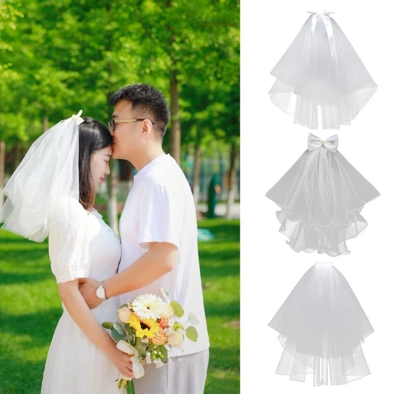 

Glowing Veil with Large Bow Veils with Hair Clip Wedding Hair Accessories White Wedding Veil Pearls Bow Short Veil 15UB