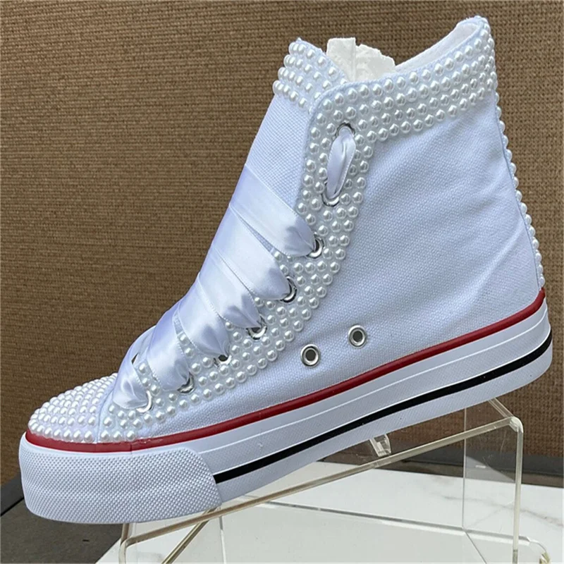 Handmade custom high top original pearl lace wedding plimsolls Women's plus-size comfortable casual sneakers 35-44