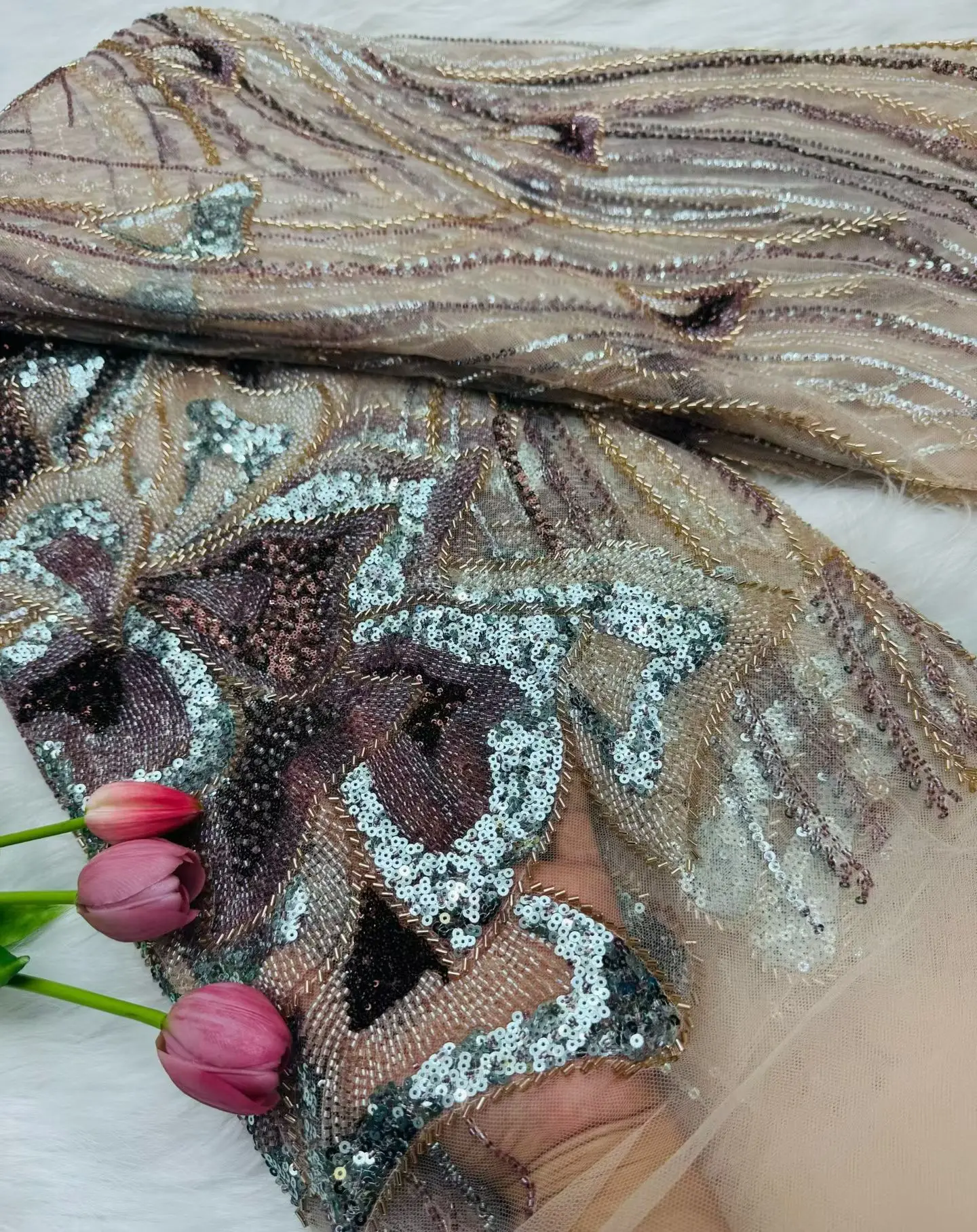 

African Sequins Bead Lace Fabric 5Yards High Quality Groom Nigerian Wedding Bridal 2025 High Quality Wedding Party Dress H167-1