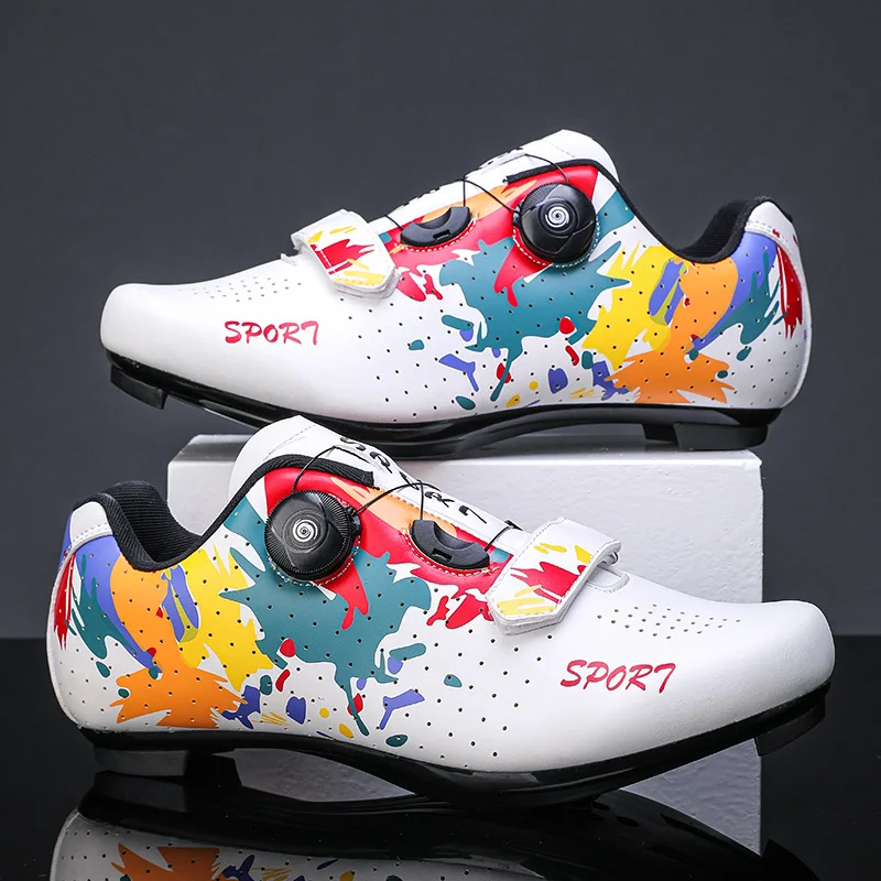 

Fashion Printing White Men Road Bike Shoes Button Self-Locking Mountain Cycling Shoes Man Non-slip Men's Speed Cycling Sneaker