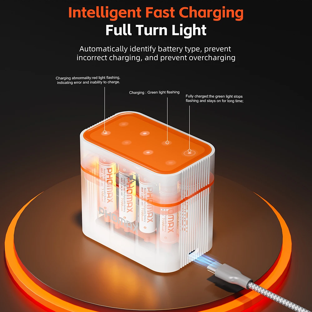 

PHOMAX 1.2V AA 2700mAh AAA1100mAh Ni-MH Battery 8-Slot Smart Fast Battery Charger Rechargeable Batteries Remote Control Clock