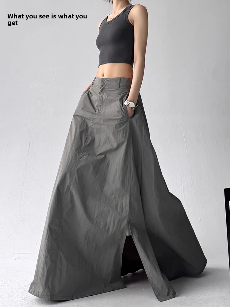 

Summer 2025 Women's High Waist Lightweight Fabric Split A-Line Skirt Commute Sweet Spicy Long Skirt Pure Color Polyester