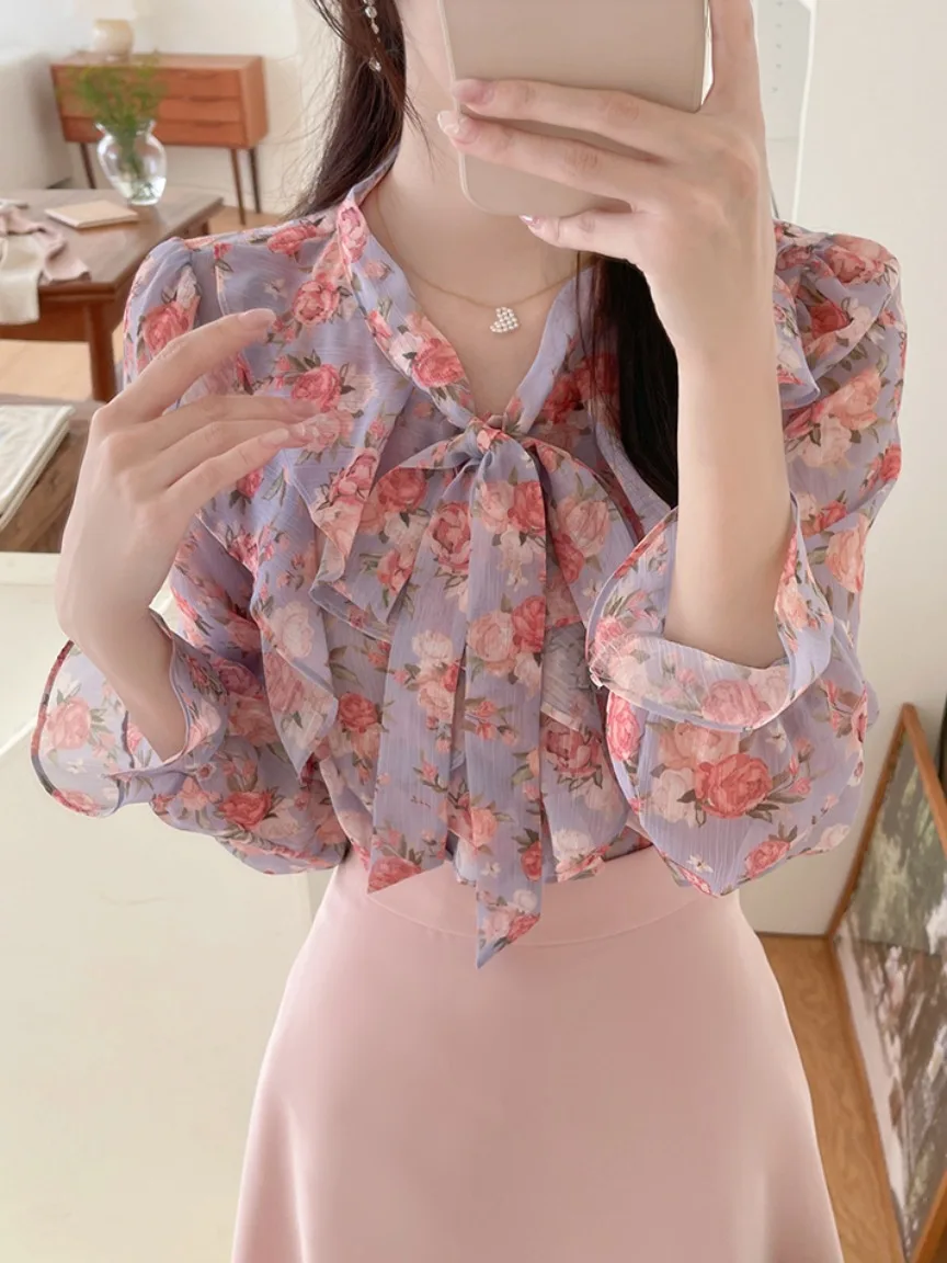 

Loose Long Sleeve Shirt Women's Design Sense Small Crowd Lotus Leaf Flared Sleeve Loose Top Knot Chiffon Blouse