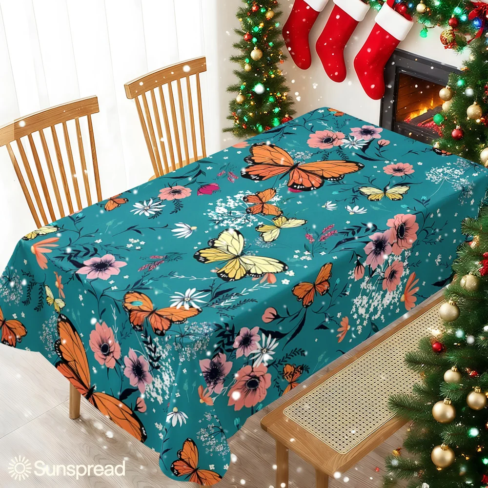 Teal Butterflies Floral Illust Waterproof table cloth, splash-proof tablecloth, for party, Halloween, Christmas, dining, camping