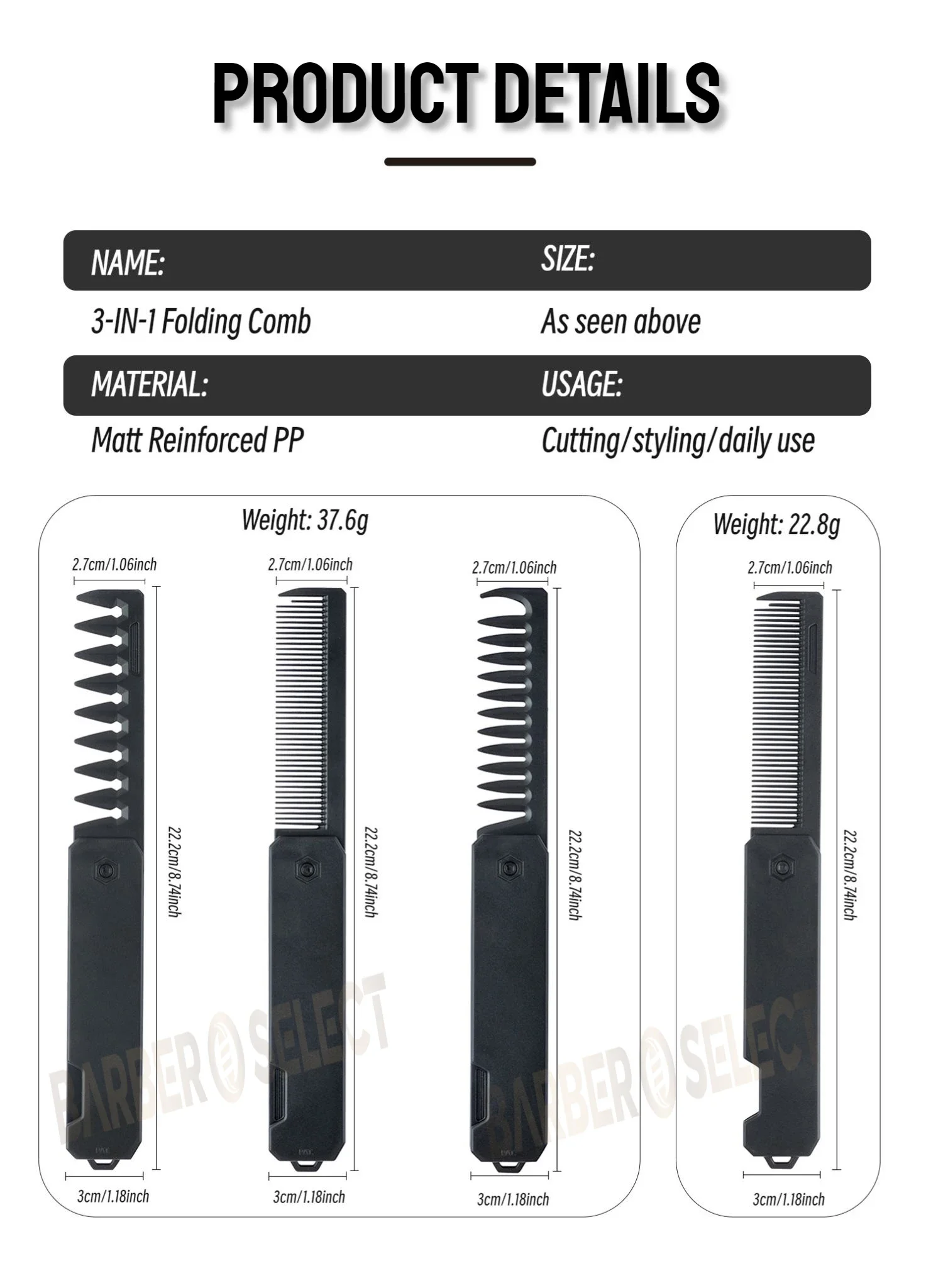 Neuester 1/2/3-in-1 tragbarer Klappkamm, Friseur-Clipper-Kamm, breitzahniger Kamm für Ölhaar, Mini-Bartkamm, Styling-Werkzeug für den Salon. – Detail 18