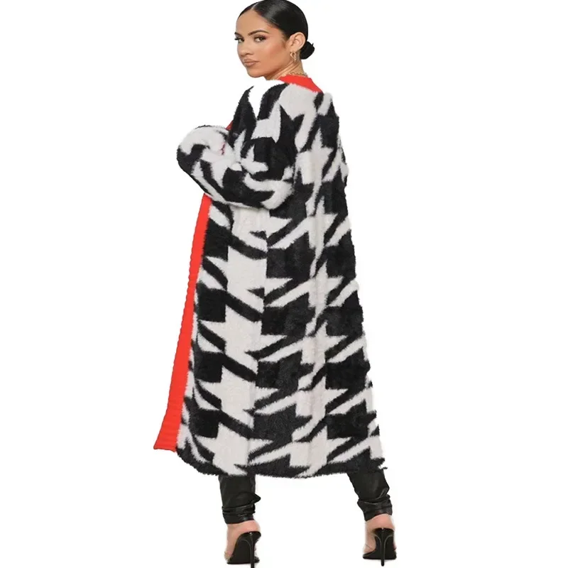 

Houndstooth Long Cardigan Knit Sweater Women Jumpers Thick Spring Autumn Winter Maxi Coat Soft Coat Long Knitted Jacket Cardigan