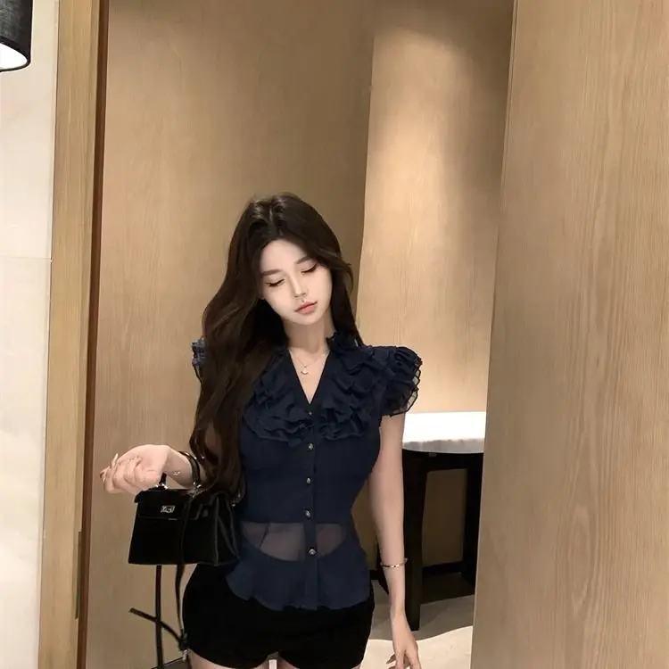 Frans mouwloos chiffon overhemd 2025, lente zomer, nieuw temperamentontwerp, blusas de mujer, casual tops, dh Porno, Femmes