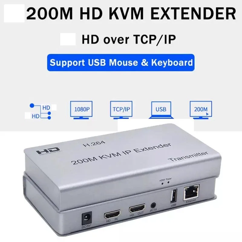 KVM 200M Extender Over IP RJ45 Ethernet Cat5e/6 Cable USB HDMIcompatible Extender via Network Switch Support USB Mouse Keyboard