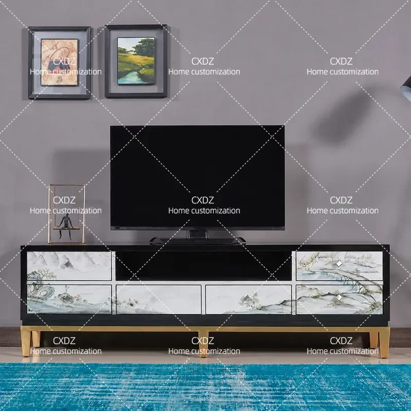 New Chinese Style Solid Wood Metal Plated Cabinet Feet Floor Cabinet Post Modern Painted Coffee Table TV Cabinet Combination