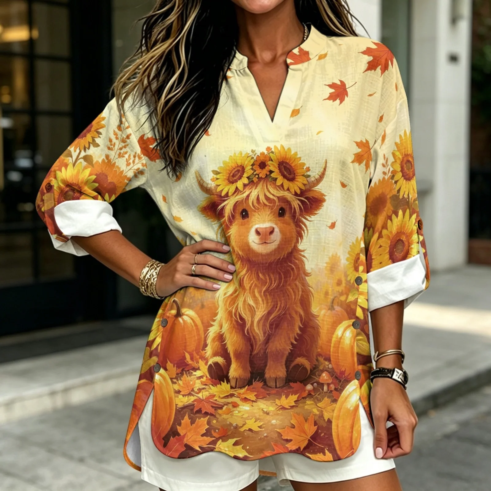 PENSTROLL Highland Cow Linen-Like Tunic Shirts Women's Blouse for Ladies Pullover Tunic Blouse