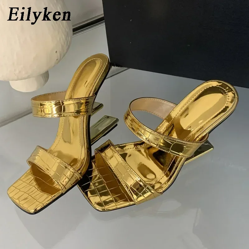 Eilyken 2027 Summer Design Narrow Band Fretwork High Heels Square Toe Woman Slippers Fashion Banquet Dress Slide Shoes