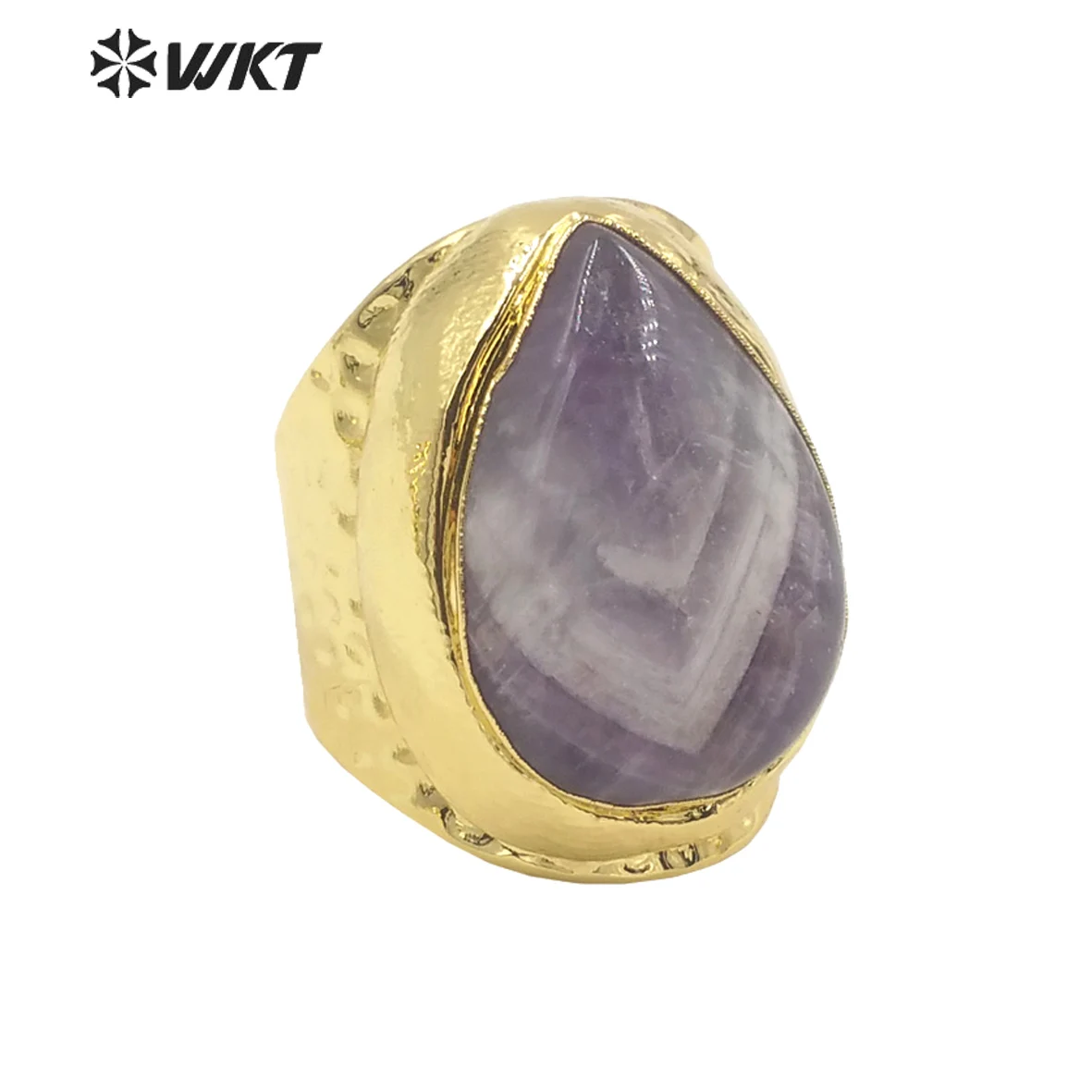 

Кольцо WT-R414 WKT Fashion с позолотой, широким ободком и натуральным камнем в форме капли, аметистом, выполненным методом сварки.