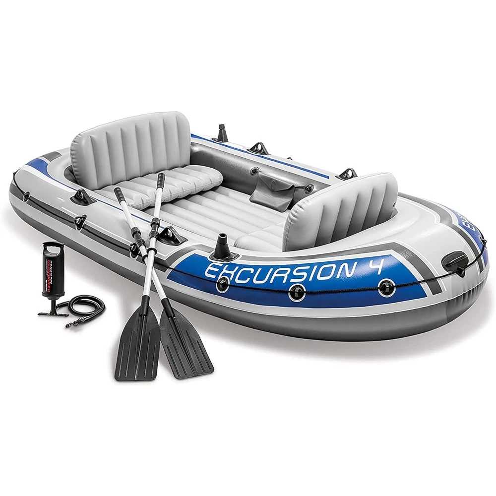 Excursion Inflatable Boat Includes Deluxe 54in Boat Oars and High-Output Pump Adjustable Seats with Backrest Fishing Rod Holders