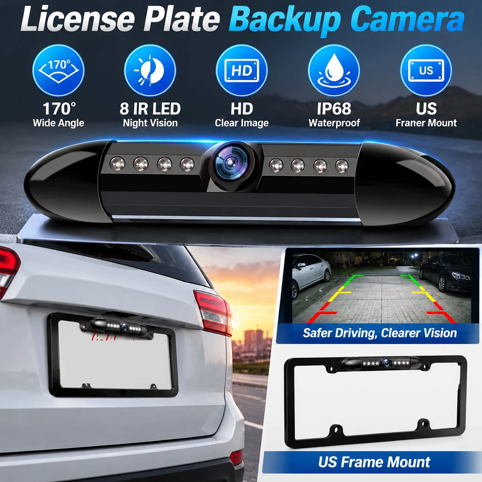License Plate Backup Camera Frame Mount - 번호판 후방 카메라 170 ° 8개의