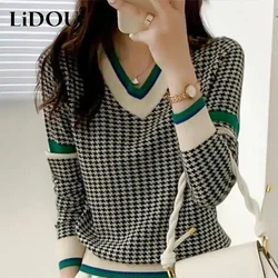 Suéter de malha houndstooth feminino, pulôver solto, jumper que combina com tudo, outwear casual, top simples para senhoras, decote v, moda, outono e inverno