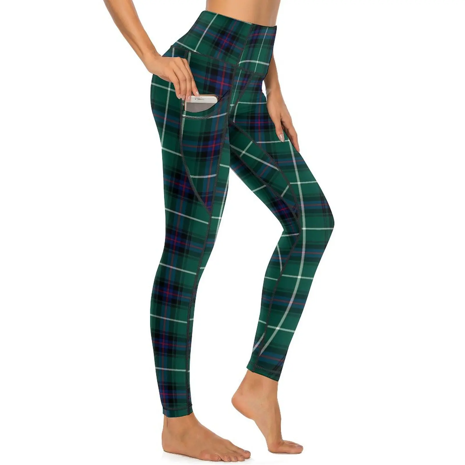 Vintage Plaid Yoga Pants Pockets Green And Blue Leggings Sexy High Waist Aesthetic Yoga Sports Tights Stretch Gym Leggins