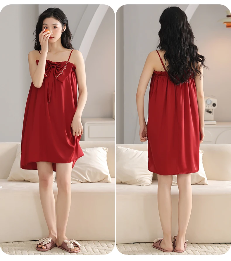2025 Summer Thin Ice Silk Red Elegant Suspender Sexy Nightdress Women's New Sweet Bow Slash Neck Loose Comfortable Long Pajamas