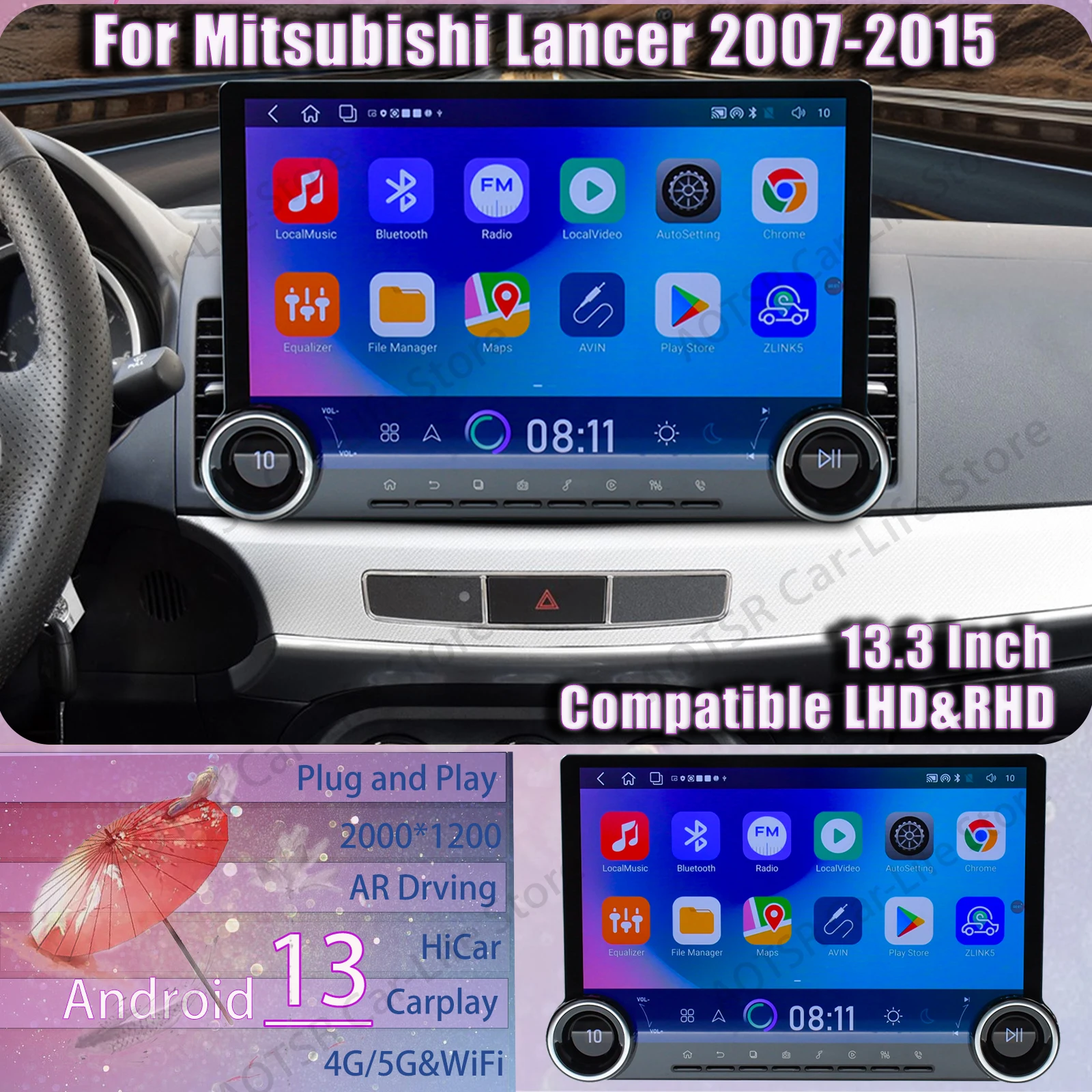 13.3 Inch Car Accessories Android Double Knob Screen For Mitsubishi Lancer 2007~2015 Multimedia Player GPS Navigation Head Unit