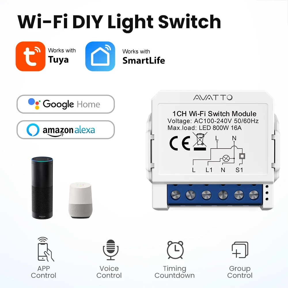AVATTO WiFi Zigbee Smart Light Switch Module，Neutral Wire/No Neutral Wire Control DIY Breaker Work For Tuya,Alexa,Google Home