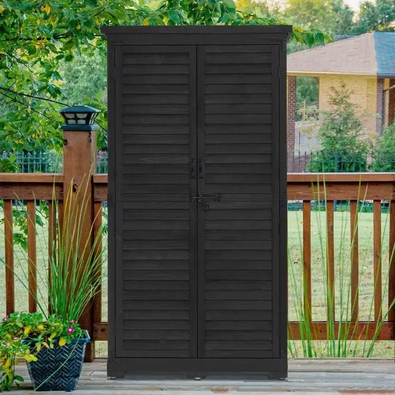 Outdoor Storage Cabinet, Garden Storage Shed, Outside Vertical Shed with Lockers, Outdoor Wood Tall Shed for Yard and Patio