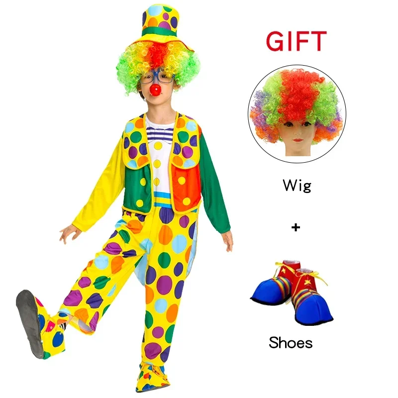SN60 Kids Clown Cosplay Costumes Coat Hat Halloween Magic Game Party Show Jumpsuits With Shoes Wig1@j$