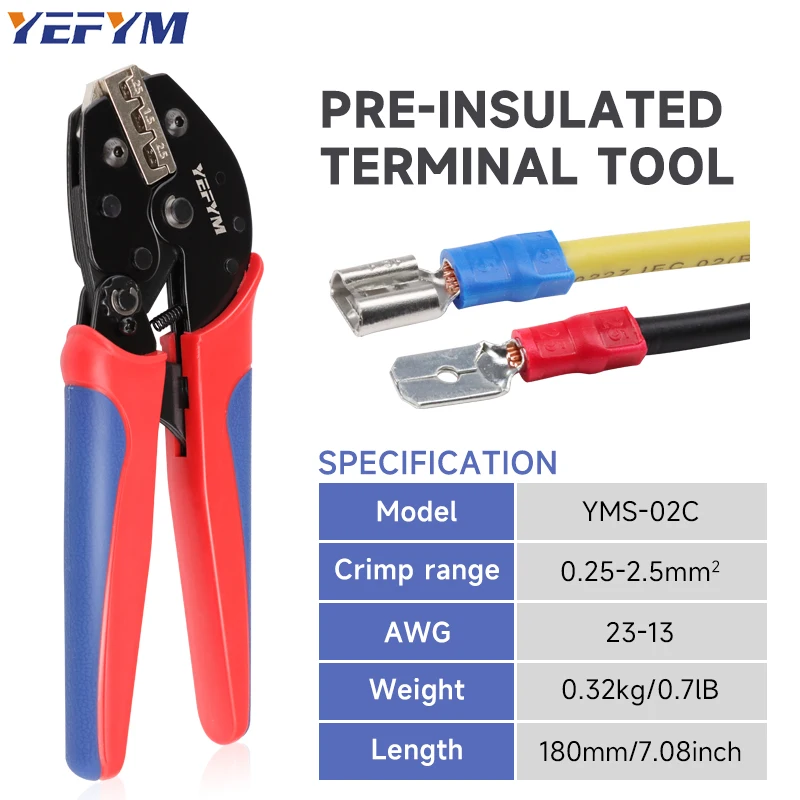 Crimping Mini Pliers YMS-02C For RV/SV/FDD/MDD/DBV/PTV/MPD/FRD Insulated Terminals Ratchet Wire Tools 0.25-2.5mm²（23-13AWG）