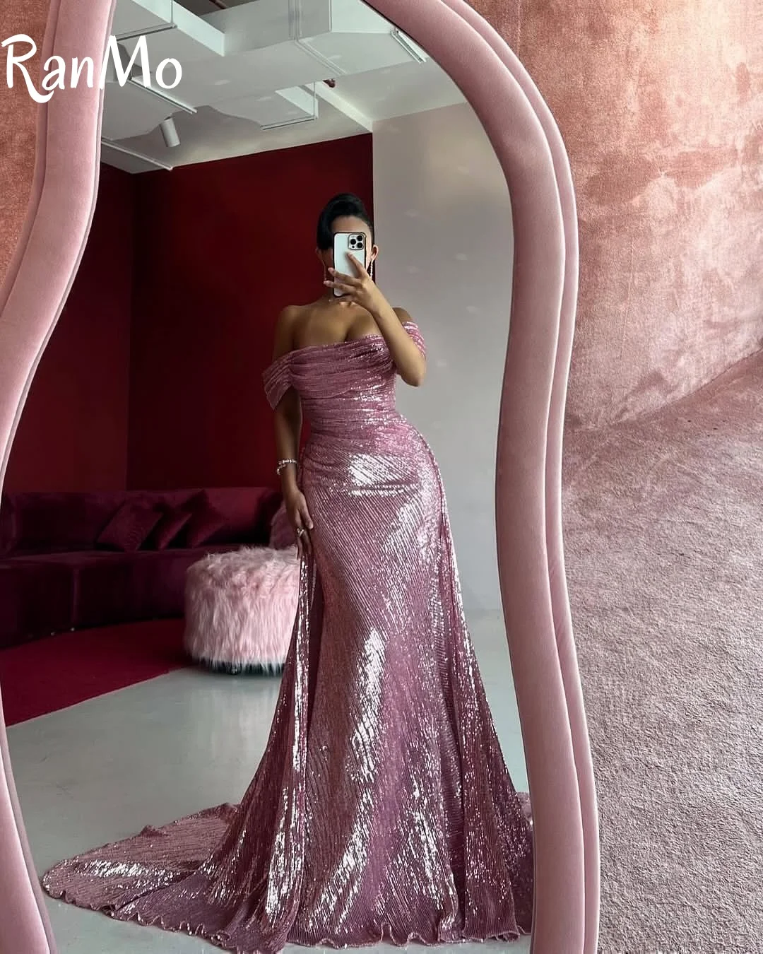 Ranmo 2025 sereia brilhante árabe vestidos de baile fora do ombro sem mangas trem varredura vestido de festa à noite longo formal ocasião vestido