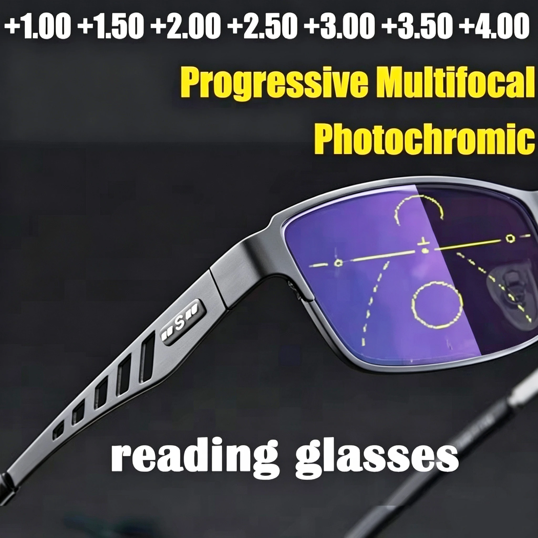2026 Adjustment Photochromic Multifocal Reading Glasses Men Progressive Anti-Blue Ray Business Spectacles Half-Frame +4.0
