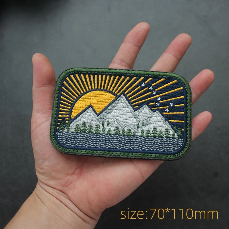 New Design Large Size Full Embroidery All-Terrain Camp Patch Outdoor Bag Sticker Landscape Camping Morale Backpack Patch