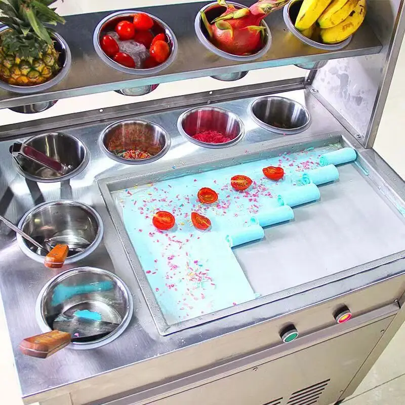 Commercial Frozen Fresh Fruit Yogurt  Double Flat Pan Roll Fry Ice Cream Machine