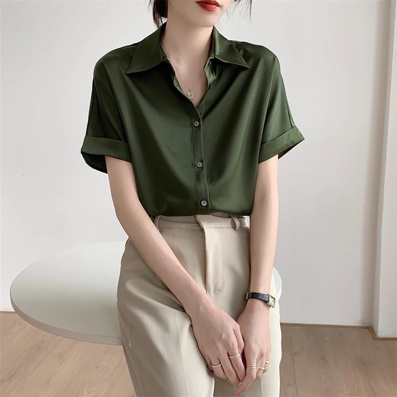 Retro Hong Kong Style Solid Color Elegant Temperament Short Sleeved Shirt Summer New Fashionable Simple Loose Slim Women\'s Top