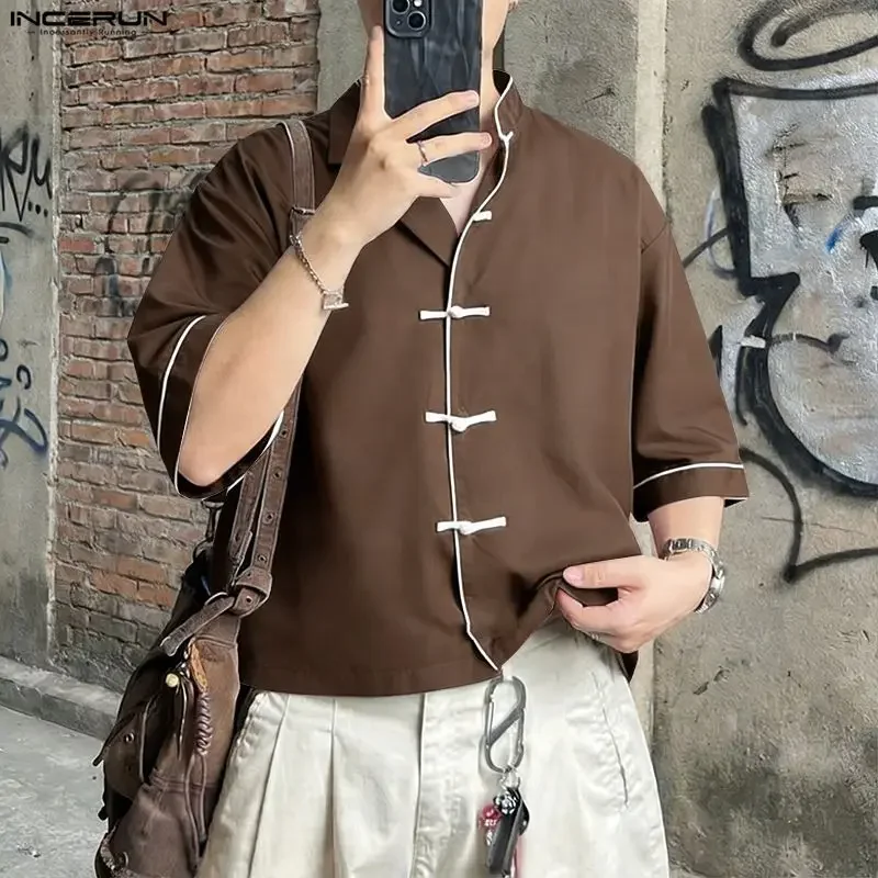 

INCERUN Men's Shirt Patchwork Stand Collar Half Sleeve Loose Men Clothes Streetwear Summer Vintage Casual Tops For Man Shirts
